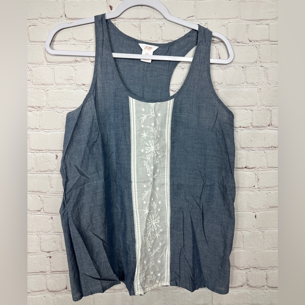Joe Fresh blue sleeveless cotton embroidered panel blouse top lightweight, sz S